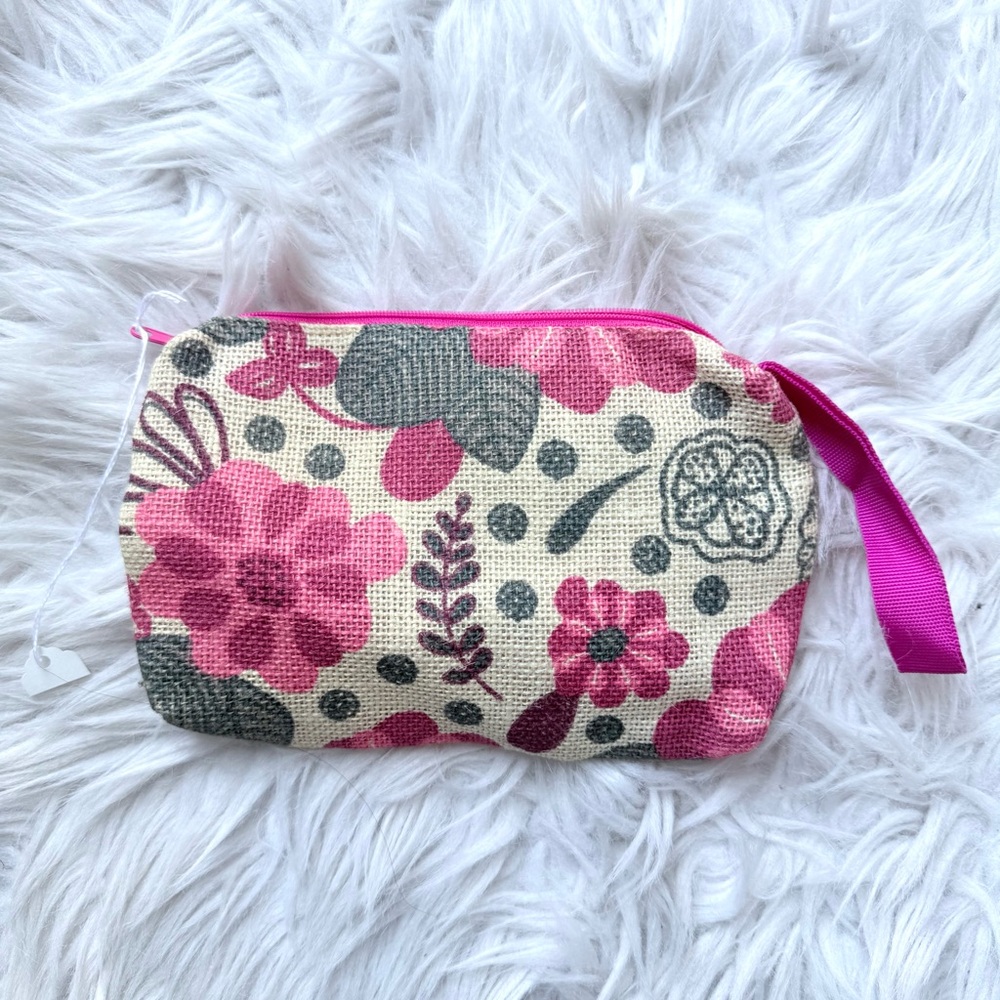 NWOT Floral Pink Cream Zippered Pouch Case Burlap Handmade Boutique Nantucket